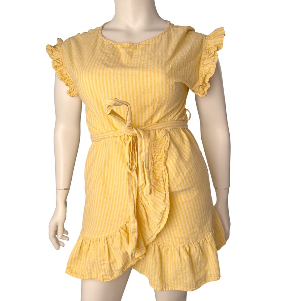 Joe Fresh Linen Blend Mini Dress Yellow Striped Ruffle‎ Wrap Coastal Summer XL
